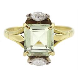 18ct gold three stone emerald cut pale green beryl and marquise shaped diamond ring, Sheffield 1995