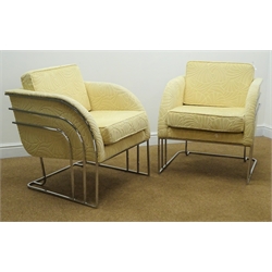  Pair cream armchairs with chrome style supports, W67cm  