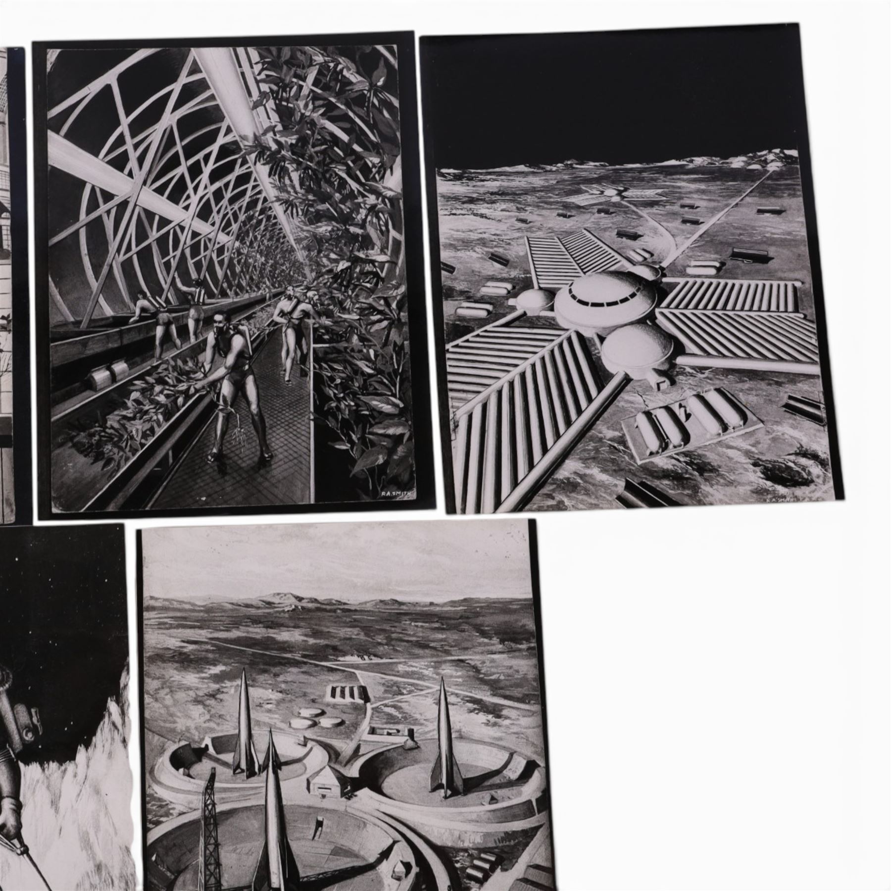 Fourteen black and white photographs of artwork by Ralph Andrew Smith, including images used in 'The Exploration of Space', a sketch of auto probe rocket for planetary survey and Inside Lunar City, etc, two with annotations written by Arthur C Clarke verso, H20, W25cm

Notes: This item is from the private collection of Arthur C. Clarke's brother.