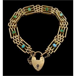 Early 20th century 9ct rose gold turquoise set four bar link bracelet, with heart locket clasp, stamped 9c, markers mark C H (probably Charles Horner)