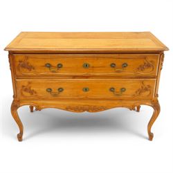 Early 20th century French fruitwood commode chest, rectangular top with moulded edge, fitt...