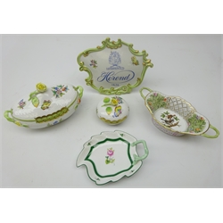  Herend porcelain comprising Queen Victoria pattern oval tureen no. 6010, matching trinket box & cover, Rothschild pattern reticulated basket L19cm, leaf shaped dish and porcelain retail sign (5)  