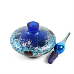 Okra scent bottle, of squat form with marbled blue iridescent design, together with Okra vase, dish and another similar art glass vase, scent bottle H12cm