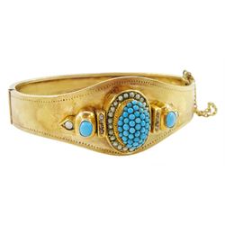 Victorian 18ct gold turquoise, pearl and diamond hinged bangle, the applied central raised oval dome pave set with turquoise cabochons and split pearl surround, either side set with rose cut diamonds, turquoise cabochons and pearls