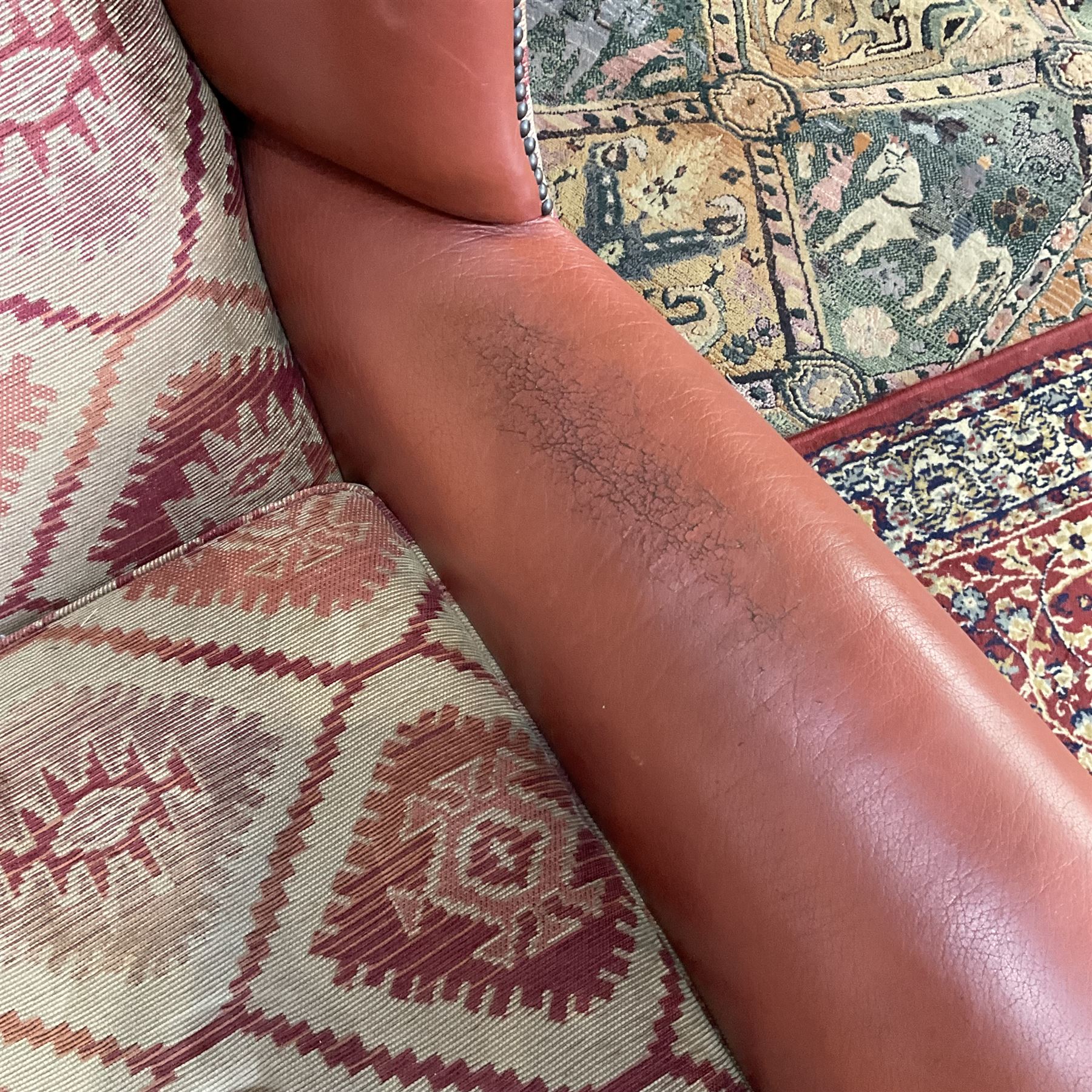 Tetrad Eastwood Wingback Leather Kilim Armchairs Brown with footstool,