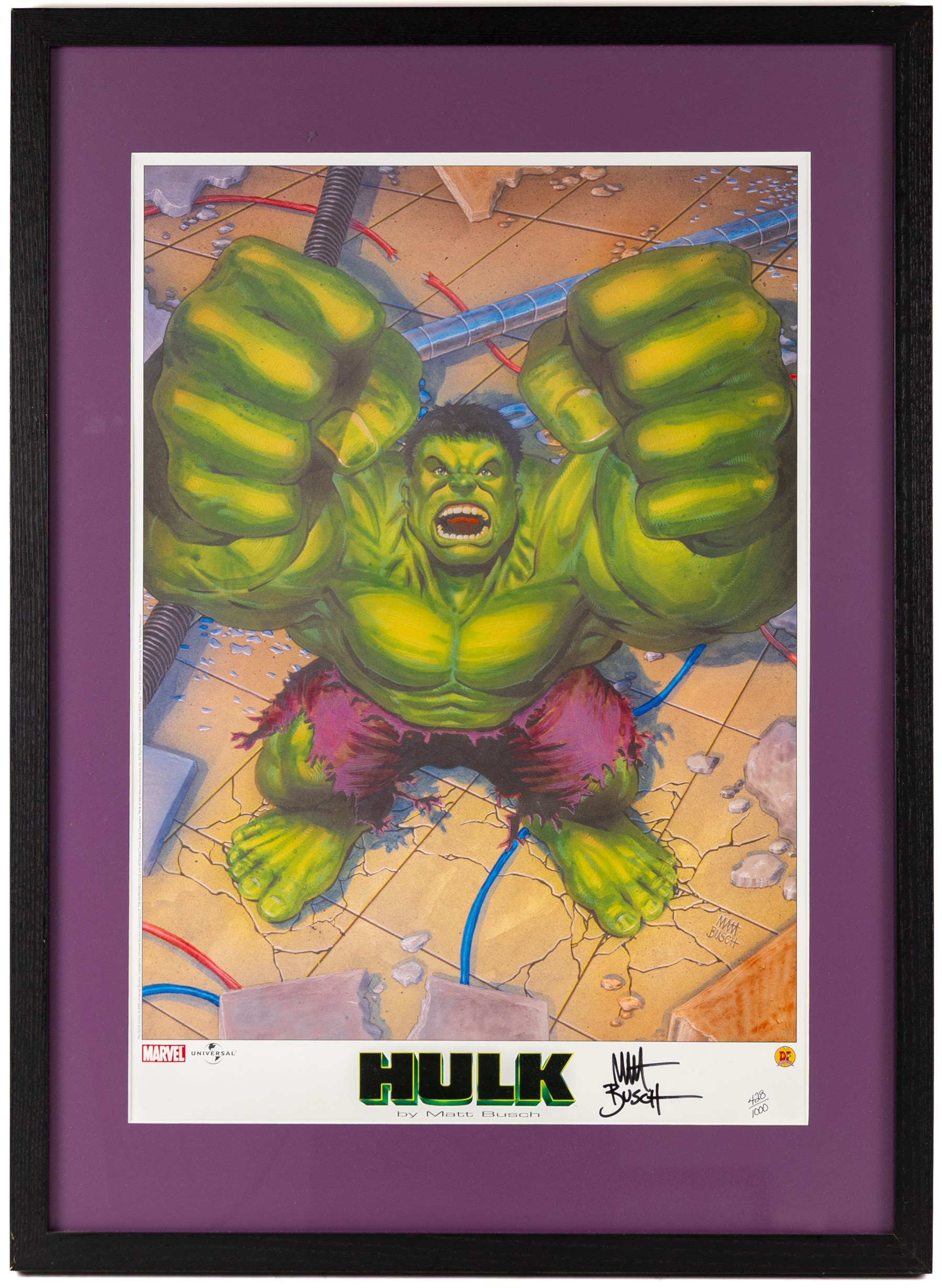 Three limited edition Dynamic Forces Marvel prints, comprising Spider-Man Reflection of Evil no. 141/1962, Spider-Man vs. Green Goblin signed by artist John Watson and The Hulk Bursting Out signed by artist Matt Busch limited no. 428/1000 with certificate of authenticity, largest H57cm, W38cm