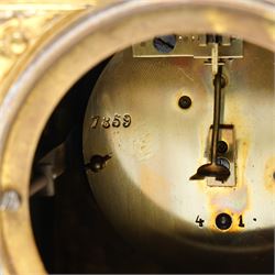 Early 20th century mantel clock with white enamel dial, French timepiece movement and recoil anchor escapement in brass case with lyre finial, trailing garlands and wreaths etc on scroll feet H30cm 
Provenance: property of a Nobleman