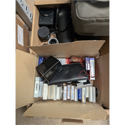 Camera equipment and accessories, including a boxed Manfrotto 290 dual tripods, two other tripods, four Tamron lenses and a collection of filters