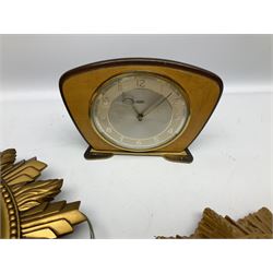 Two Smiths Sectric gilt sunburst wall clocks together Metamec Dereham wooden mantel clock, largest wall clock D35cm