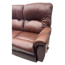 La-Z-Boy - manual reclining three piece suite - two seater sofa (W165cm, H105cm); and two armchairs (W98cm), upholstered in brown leatherette