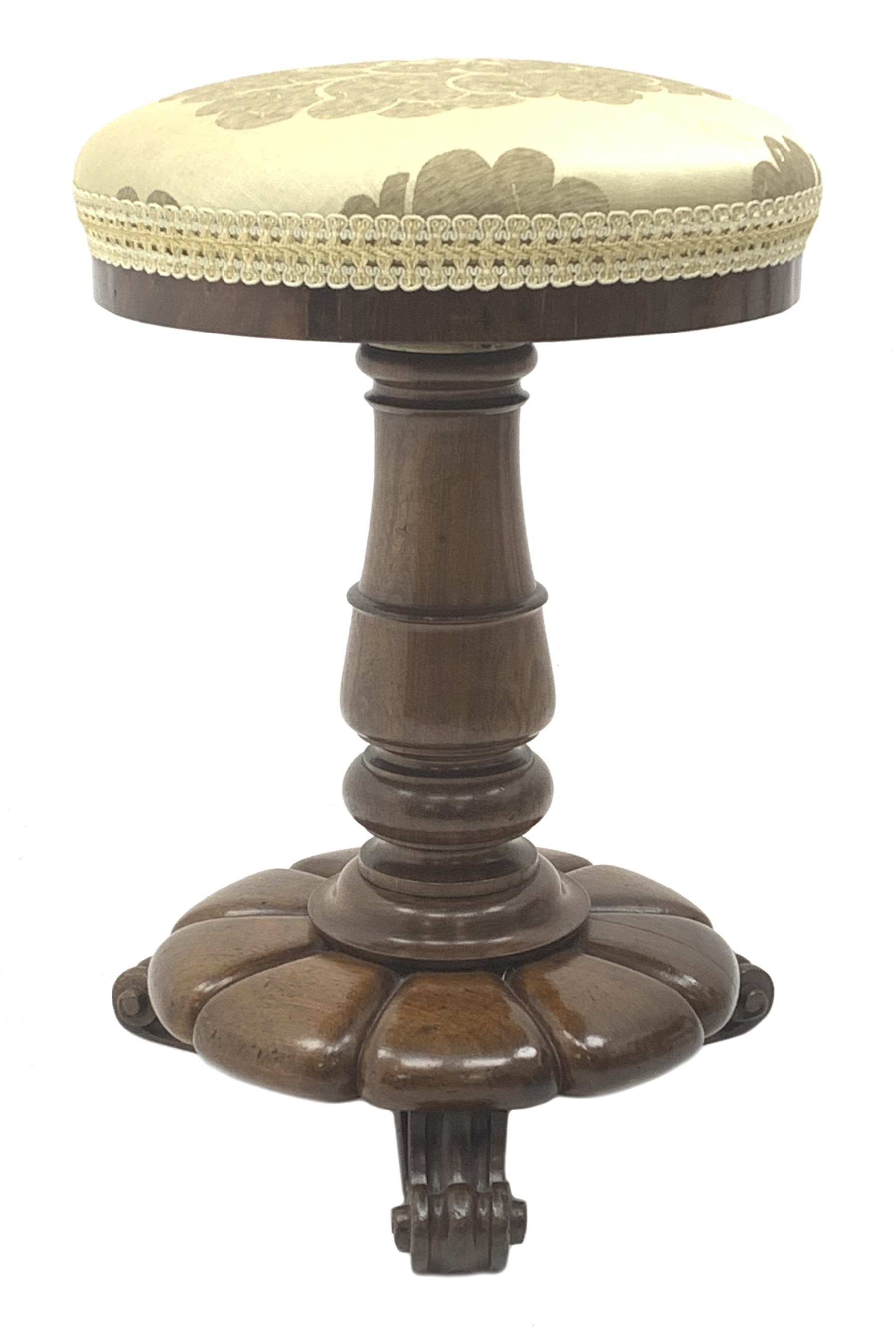 Victorian rosewood adjustable piano stool, circular revolving upholstered seat on turned column support, lobe carved platform base, three scroll carved feet, H53cm (lowest height)