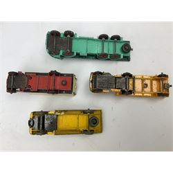 Dinky - eight unboxed and playworn/repainted commercial vehicles including Foden flatbed lorry, Bedford Articulated lorry, Leyland Comet Ferrocrete lorry, Guy Spratts panel van, Fire Engine, Jones Fleetmaster, Commer breakdown truck etc (8)