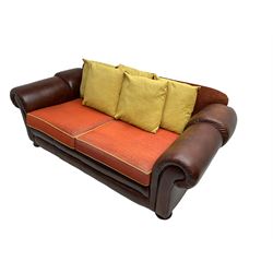 Gainsborough Lounge Suites - three piece leather and fabric lounge suite - pair two seat sofas (W225cm, H82cm, D105cm), and matching armchair (W88cm), on turned front feet with scatter cushions
