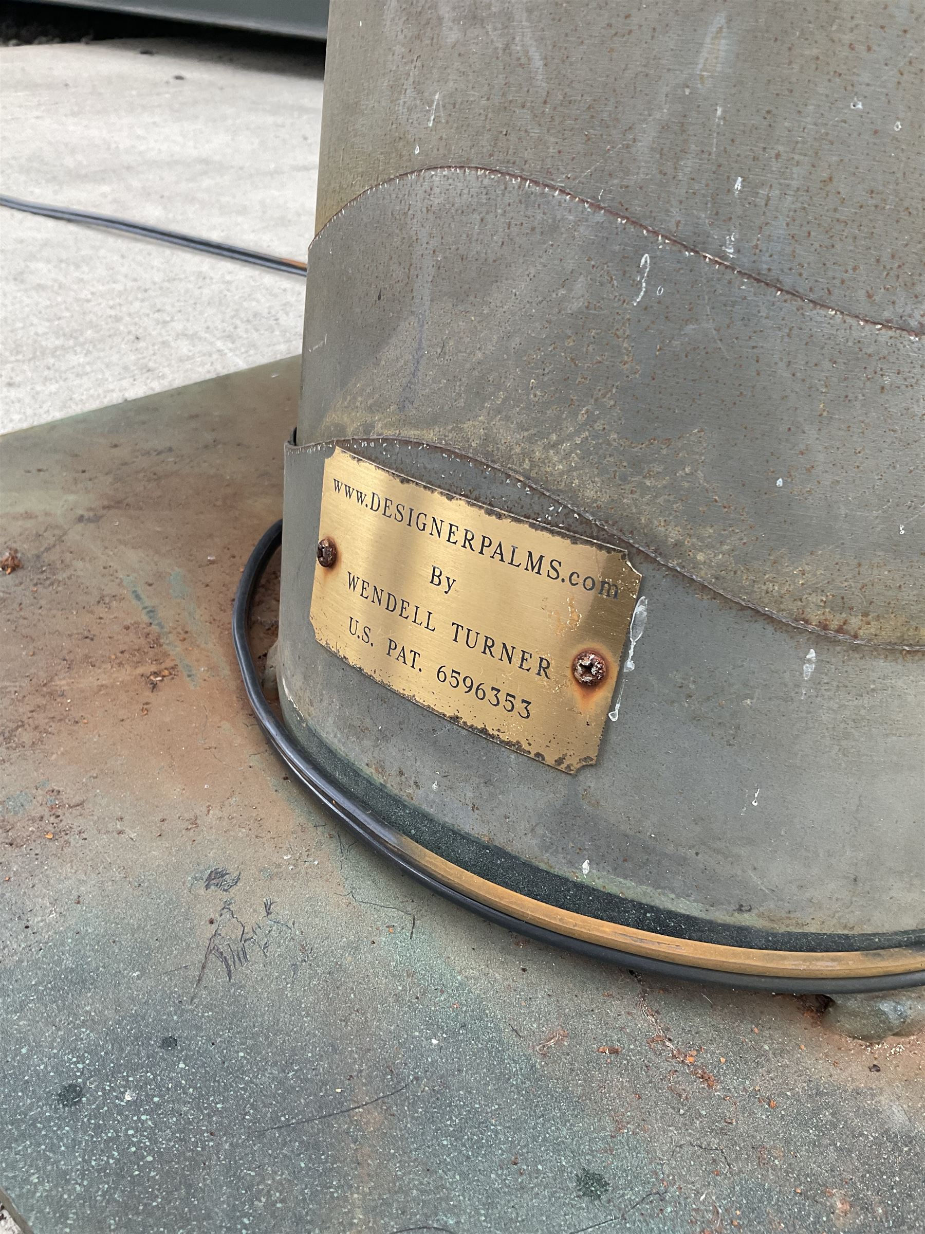 Designer Palms - shaped metal full size palm tree, double curved trunk with large metal fronds and pair of coconut lights, on rectangular base - THIS LOT IS TO BE COLLECTED BY APPOINTMENT FROM DUGGLEBY STORAGE, GREAT HILL, EASTFIELD, SCARBOROUGH, YO11 3TX