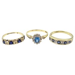 Two gold sapphire and diamond rings and a gold blue topaz and diamond cluster ring, all hallmarked 9ct