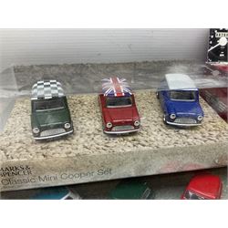 Various makers die-cast Mini cars - Cararama set of five; TechniToys SCX Vintage limited edition Mini Cooper; M&S Mini Cooper set; various Corgi including Mr. Bean; Vanguards Austin Seven mini van etc; all boxed (10)