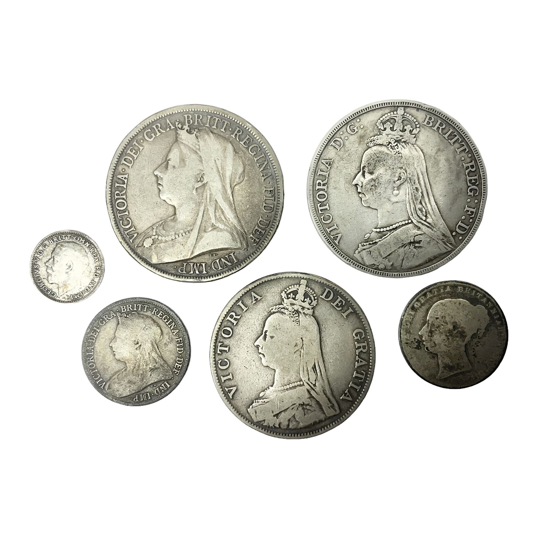 Two Queen Victoria silver crown coins dated 1889 and 1893, 1889 double florin, 1867 and 1897 one shilling, King George V 1914 threepence