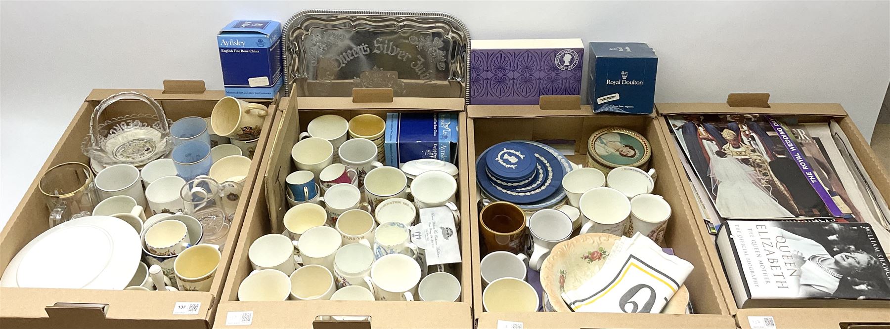 A large collection of commemorative ware, including Wedgewood Jasperware plates and trinket box for Royal silver jubilee, Shelley teacup and saucer for Edward VIII coronation, Bisto cups and saucers for George V and Queen Mary's coronation in 1911, loving cup, 1937 Coronation basket, thimbles, magazines and new cuttings etc. 