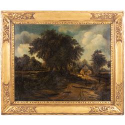 Manner of Meindert Hobbema (Dutch 1638-1709): Woodland Cottage, oil on canvas laid on board unsigned 44cm x 55cm 