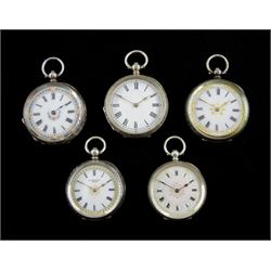 Five 19th/early 20th century Swiss silver open face ladies key wound cylinder fob watches, white enamel dials with Roman numerals, engraved cases with cartouches, dial on one signed LA Migonne Geneve, all hallmarked (5)