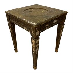 Pair of 20th century giltwood and gesso vase or lamp side table, the moulded square top with circular central recess, decorated with applied foliage and flower head mouldings, on square tapering supports with spade feet