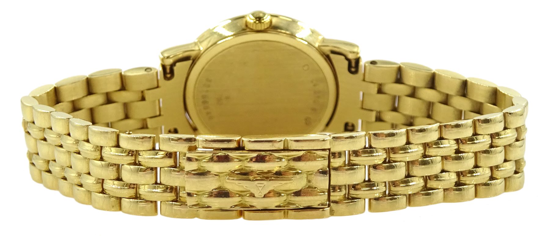 Longines Prestige 18ct gold ladies quartz wristwatch, Ref. L4 210 6, silvered dial with baton hour markers, stamped 18K 750, on integrated 18ct gold bracelet, hallmarked