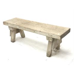 *Rustic pine bench with thick plank top on trestle supports, L135cm, H46cm, D38cm