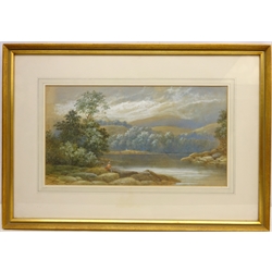  River Scene with Figure Fishing in the Foreground, 19th/early 20th century watercolour unsigned 23cm x 43cm  