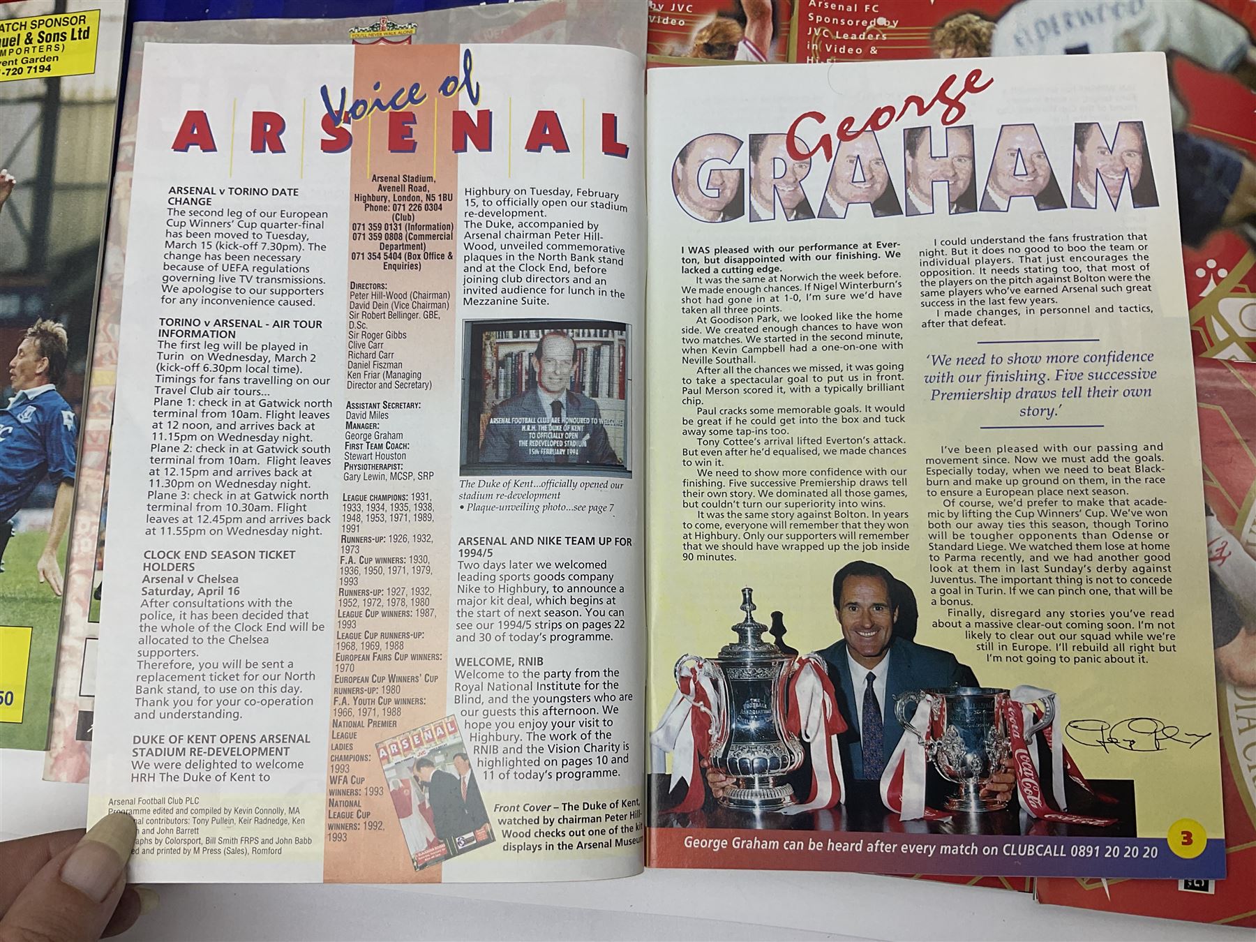Quantity of mostly football programmes including Wimbledon vs Arsenal Saturday 5th September 1992, Arsenal FC vs Blackburn Rovers Saturday February 26th season 1993/94, Liverpool vs Arsenal Saturday 2nd October 1993, The F.A. Charity Shield Arsenal vs Manchester United 7th August 1993 etc