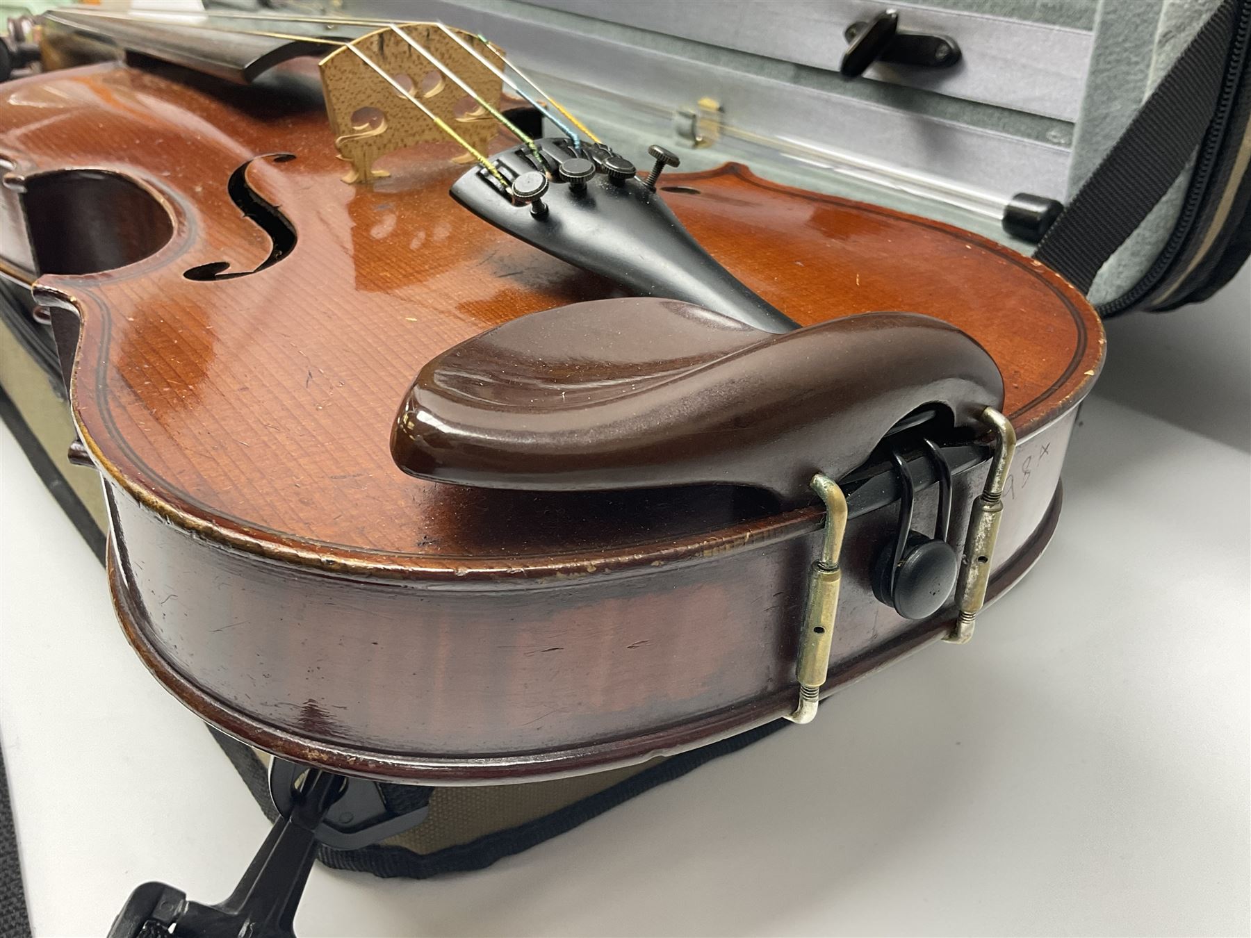 Early 20th century French Mirecourt violin with 35.5cm two-piece maple back and ribs and spruce top; bears label 'The Garrodus Violin H & Co No.1587 Anno 1912' L59cm overall; in modern fitted case with bow