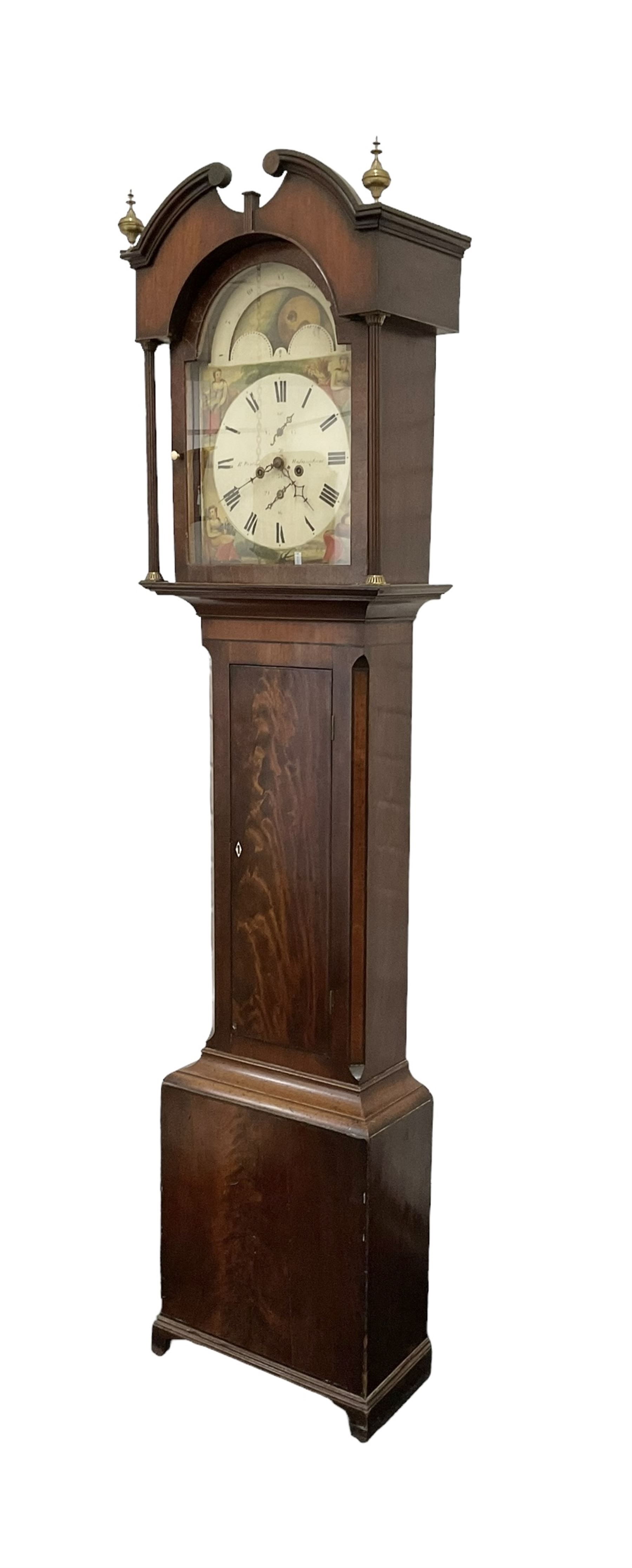Ralph Weston (III) of Wolsingham (Co Durham)  -  Mahogany cased 30-hour Longcase clock, broken arch pediment with brass paterie and two ball and spire finials, break arch hood door flanked by reeded pilasters with brass capitals, trunk with canted corners and long flat topped door, rectangular plinth raised on bracket feet, painted dial with depictions of the four seasons to the spandrels and a working moon disc to the arch, with Roman numerals, dummy winding arbors, dummy seconds dial, calendar dial and steel hands, Dial pinned directly to a countwheel striking chain driven movement, with weight and pendulum.  
The Weston family of County Durham clockmakers were highly prolific family of North-Eastern clockmakers during the 18th and 19th century, Well known for producing many Thirty-Hour clocks with 