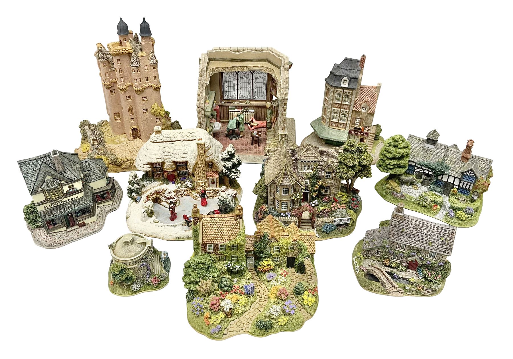 Ten Lilliput Lanes, to include Sleigh Bells, Short Back and Sides, Crook Hall Gardens, Loch Ness Lodge, Le Petit, etc, nine with original boxes  (10)