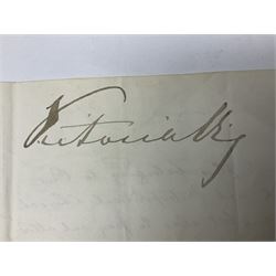VICTORIA: (1819-1901) Queen of the United Kingdom Great Britain & Ireland 1837-1901. Vintage ink signature ('Victoria Rg') on a manuscript document appointing William Deverson as a bedesman at Canterbury Cathedral; folded single sheet 33 x 40cm blind stamped to top left corner for Secretary of State Home Department; further folded for delivery with remains of blind embossed seal affixed to one edge; together with a manuscript letter from Windsor Castle dated 14th April 1854 acknowledging receipt of two letters advising Queen Victoria of the deaths of a number of high ranking soldiers (2)
