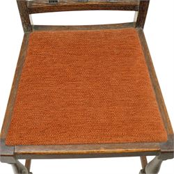 Arts & Crafts limed oak extending dining table, the rectangular draw-leaf top with integral leaf, raised on four turned supports united by H-stretcher; with set four matching lattice-back chairs on turned front-supports (W47cm H89cm)