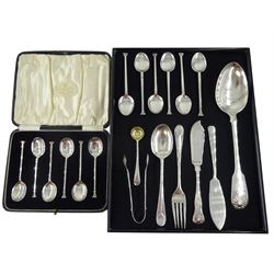 Set of six silver coffee spoons and a collection of Victorian and later silver flatware, all hallmarked, approx 10.5oz