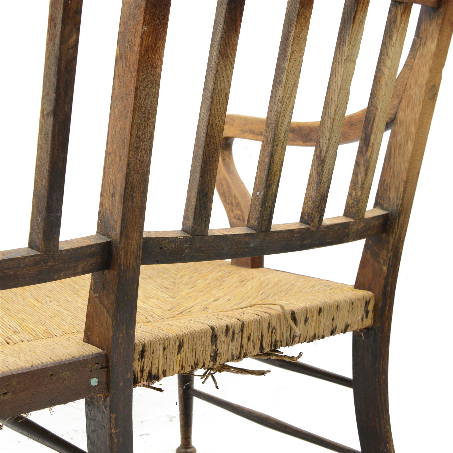 Liberty & Co. London - circa. 1890s ‘The Wykeham’ settle or bench, reeded frame and rush seat, on turned supports united by turned stretchers

The promotional sketch for ‘The Wykeham’ range can be seen in the ‘Liberty & Co. Handbook of Sketches, 1889’ p.49. It is also reproduced in Daryl Bennett’s ‘Liberty’s Furniture 1875-1915 […]’ p.106. Referred to as ‘The Wykenham: ‘oaken furniture’’. See images. 

