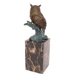 Cold painted bronze figure, modelled as an owl perched upon a tree stump signed Milo and with foundry mark, raised upon black veined marble plinth, H28cm