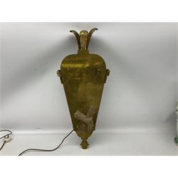 Brass and glass wall lantern of half hexagonal form and a three branch light fitting, with goat mask detail and topped with three feathers, H80cm