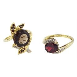  Gold smokey quartz and diamond leaf design ring and a gold garnet and diamond crossover ring, both hallmarked 9ct