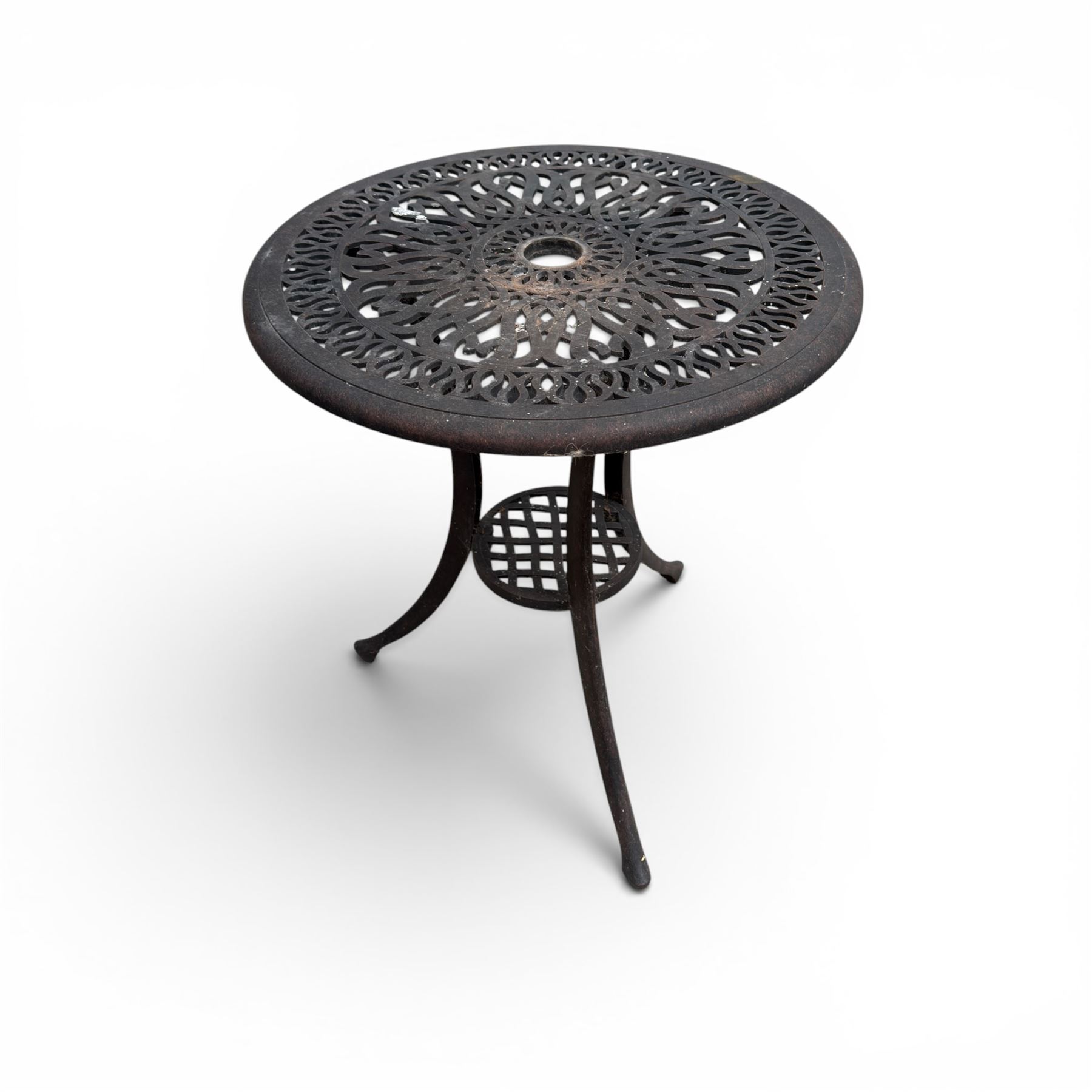 Circular cast aluminium garden table and pair of armchairs chairs with lattice backs in a dark grey finish