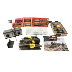 '00' gauge - seven Hornby goods wagons including car transporter, hopper wagons, ventilated van etc; all boxed; quantity of Peco track; H & M Duette power controller; layout accessories; signals etc