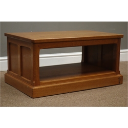  'Seahorse' oak stand/coffee table, panelled sides, plinth base, on castors, by Shaw and Michael Riley, Hessay, York, 72cm x 46cm, H36cm  
