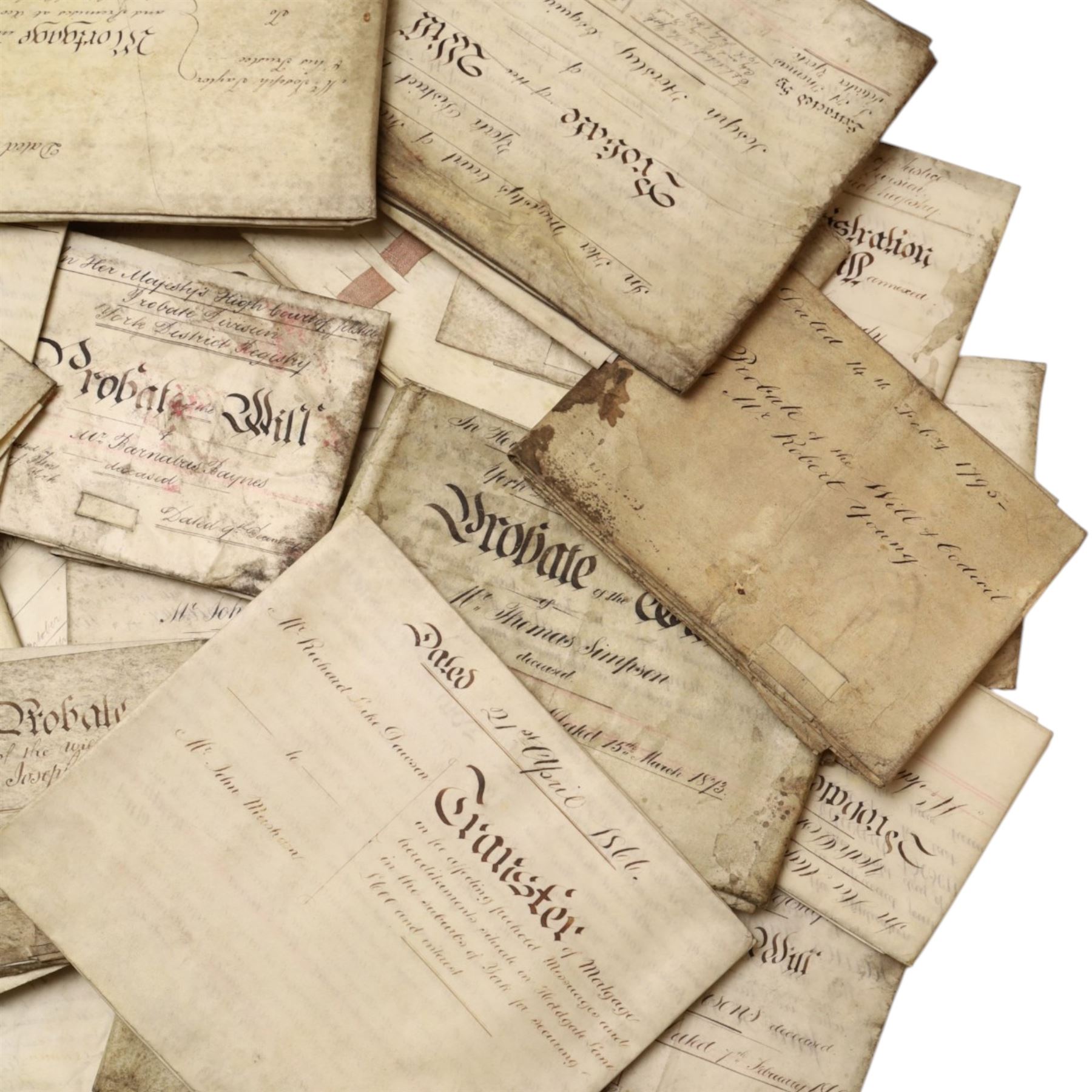 York suburbs interest - extensive collection of 18th century and later vellum indentures, wills, probate documents and property papers charting property ownership and local families in Acomb, Huntington, Earswick, Bishopthorpe, The Mount, Heworth, Heslington and other York suburbs and villages, including documents relating to tradespeople, innkeepers, farmers and householders, many retaining original wax seals, revenue stamps and probate seals, in one box