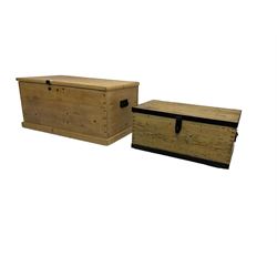 Pine blanket box, with hinged lid concealing main compartment with fitted candle box (90cm x 50cm x 43cm); with pine box rectangular hinged lid, the interior lined with zinc (67cm x 40cm x 30cm)