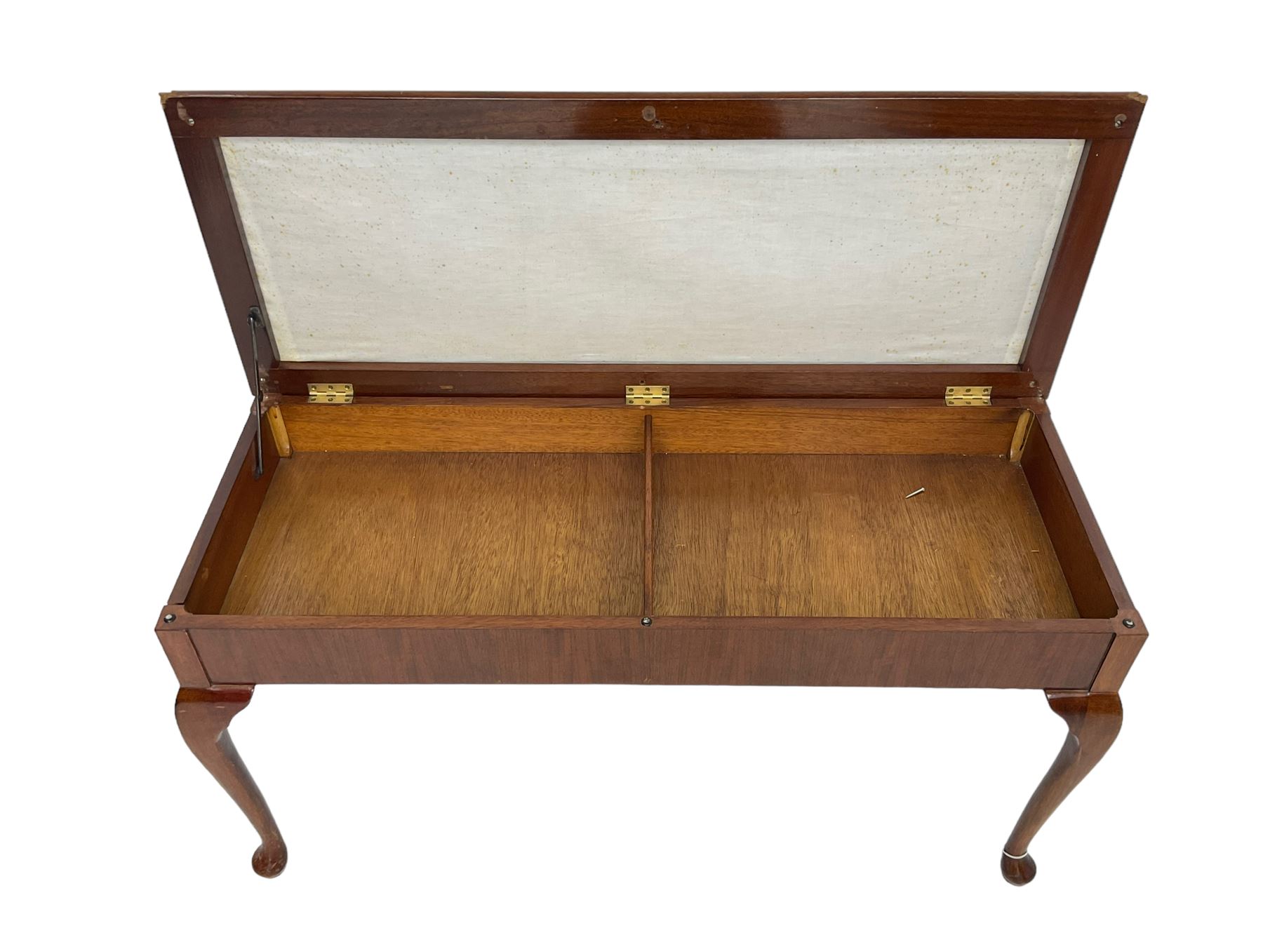 Early 20th century walnut duet piano stool, rectangular hinged lid with upholstered seat, on cabriole supports