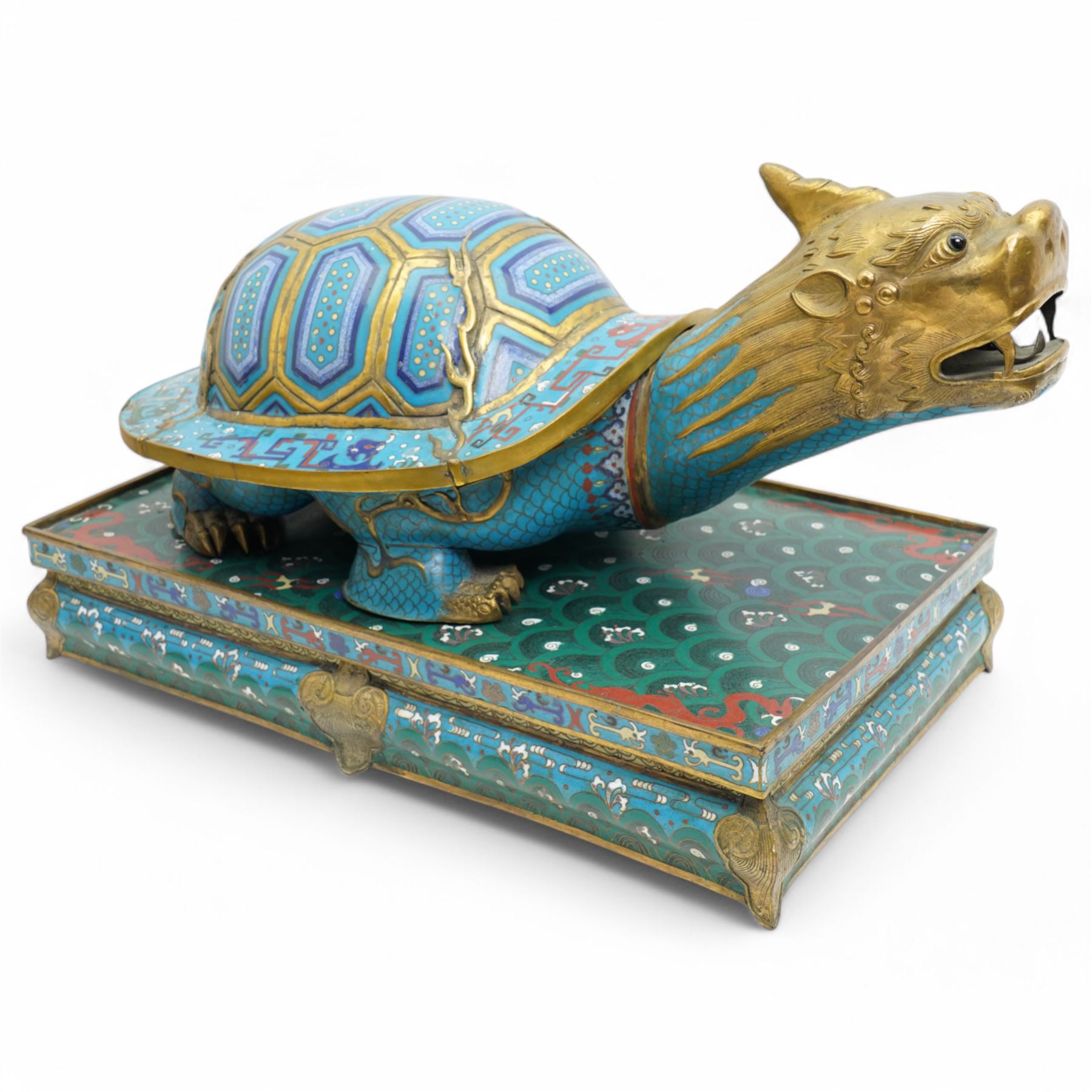 Pair of Chinese 20th century cloisonne dragon turtles with lidded shells, on rectangular bases 45cm x 27cm x 28cm