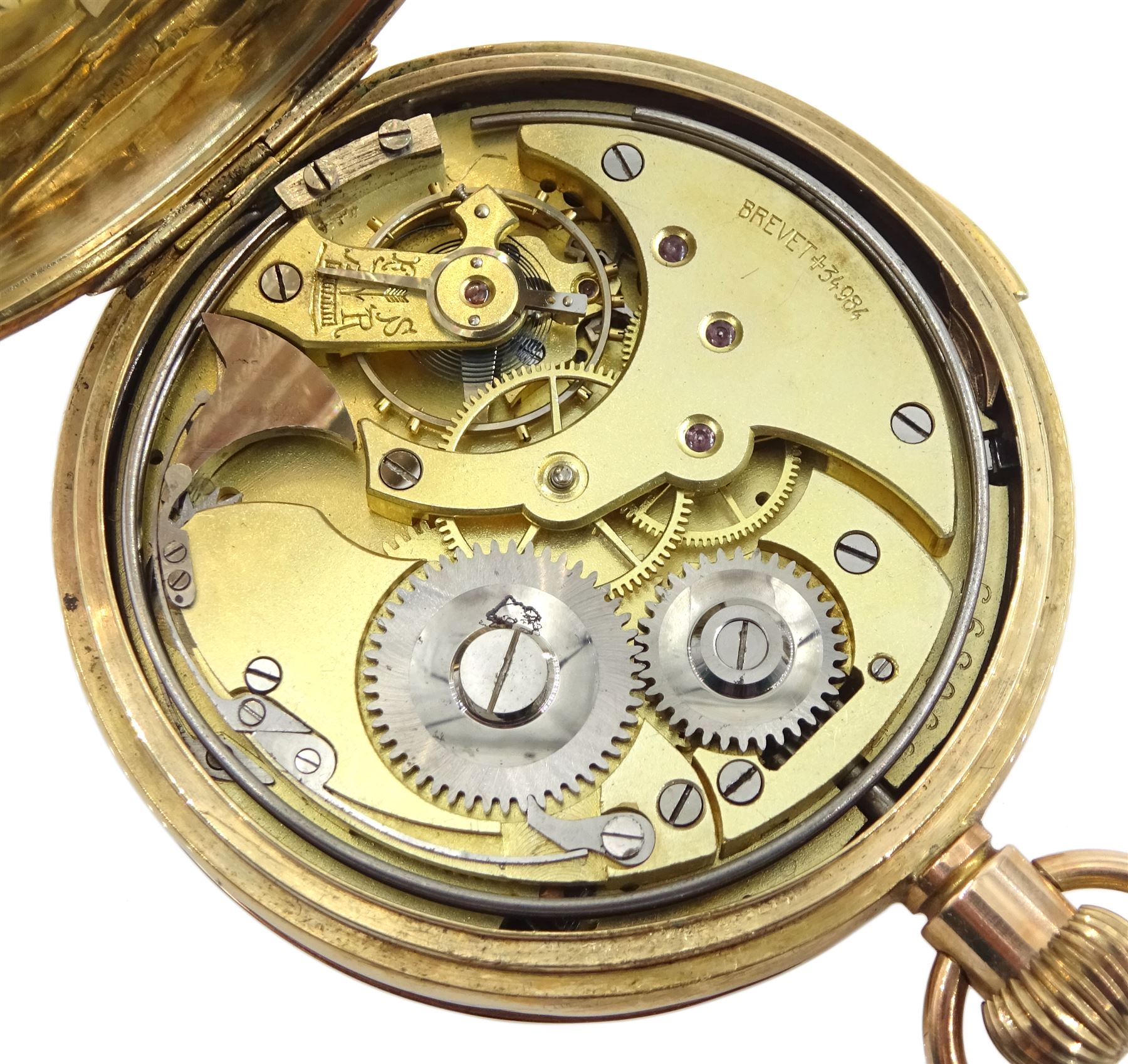 Early 20th century 9ct gold full hunter keyless repeating Swiss lever pocket watch, the back plate engraved 'Brevet 34984', white enamel dial with Roman numerals and subsidiary seconds dial, case by De Pury, Gautschi & Co (George Guillaume Gautschi), London import marks 1912