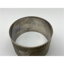 Silver plate mounted horn powder flask, together with an engine turned hallmarked silver napkin ring, largest L30cm (2)