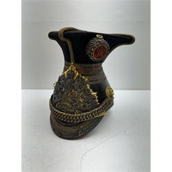 16th Queens Lancers Officers Lance Cap, black leather body with gilt braid lace and gilt wire braiding to the peak, officers silver gilt helmet plate to the front, the black cloth mortar board top with thick bullion wire, the bullion socket holder with embroidered GR cipher to the centre, lion head side bosses with velvet backed linked chinstrap, interior with leather sweatband and cloth lining, marked Carter & Co Pall Mall, the helmet is housed in japanned storage tin with brass plaque engraved “Lieu H L Evans, 16th Lancers'