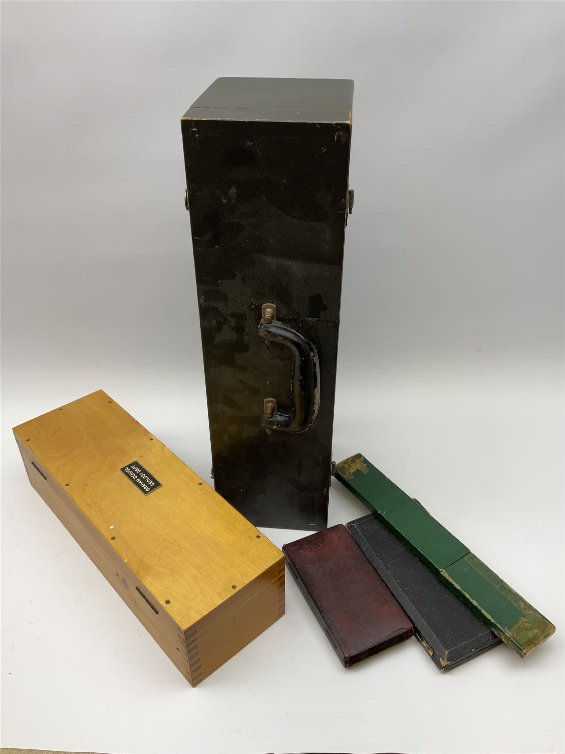 WW2 American Fairchild F-71 binocular magnifying telescope, in green painted wooden carrying box with instruction leaflet L48cm; WW2 Air Ministry Astro Compass Mk.II Ref. 6A/1174(0); Zenith Projection & Camera Lucida Attachment RA-6, boxed with instructions and 1977 purchase invoice; two cased sets of drawing instruments; and a boxed Faber slide rule (6)